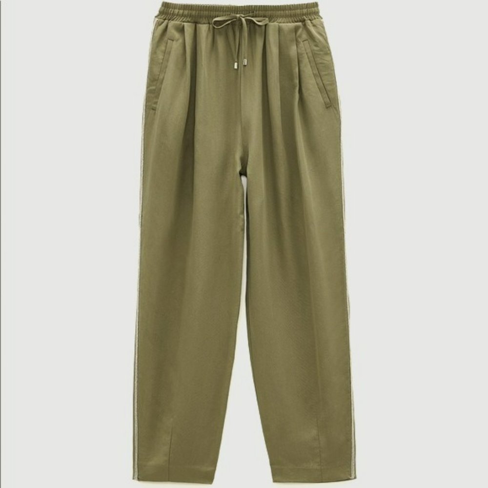 Zara Jogging Trouser Pant Side Stripes Light Khaki Sz M